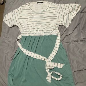 Chic Striped White and Green Midi Dress